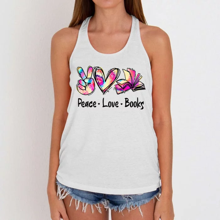 Peace Love Books Librarian Teacher Life Book Library Tie Dye Women's Knotted Racerback Tank