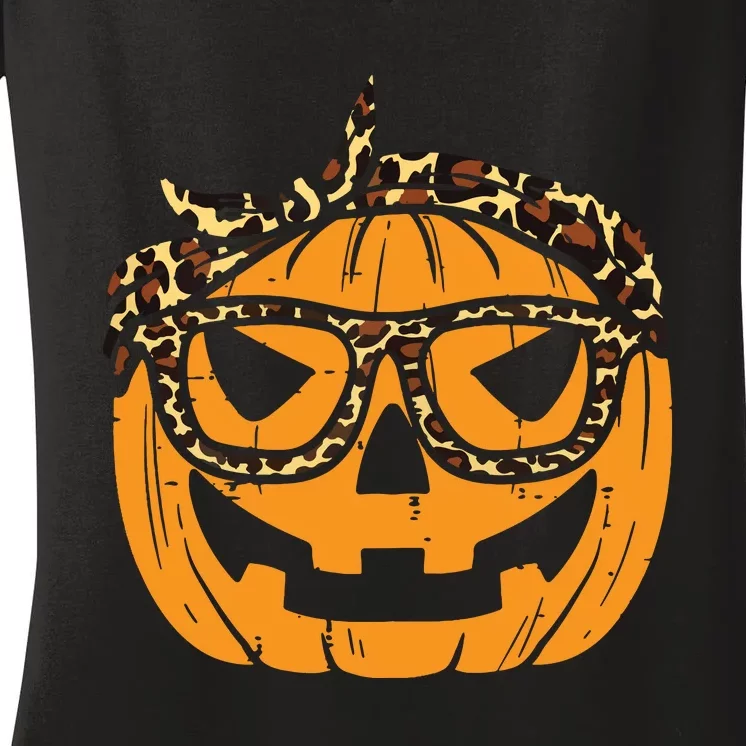 Pumpkin Leopard Bandana Cute Halloween Women Women's V-Neck T-Shirt