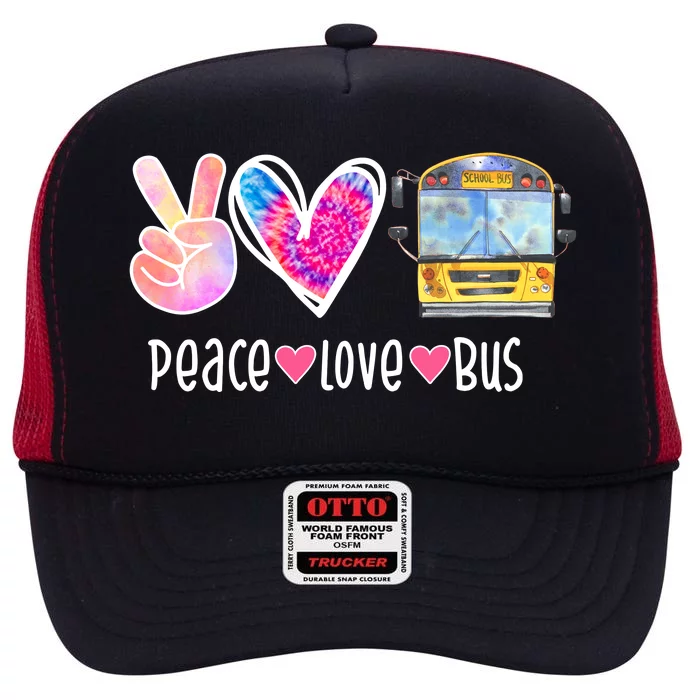 Peace Love Bus Gift For Bus Driver High Crown Mesh Trucker Hat