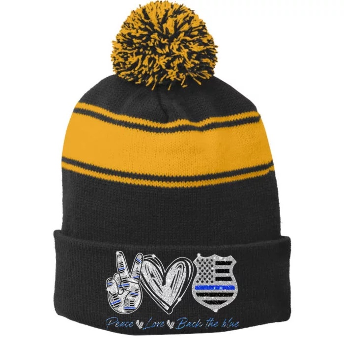 Peace Love Back The Blue Police Officer Gift Stripe Pom Pom Beanie