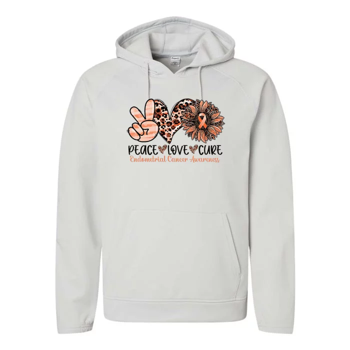 Peace Love Cure Sunflower Peach Ribbon Endometrial Cancer Performance Fleece Hoodie