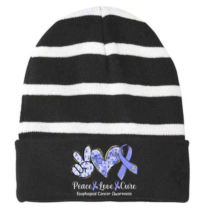 Peace Love Cure Periwinkle Ribbon Esophageal Cancer Gifts Striped Beanie with Solid Band