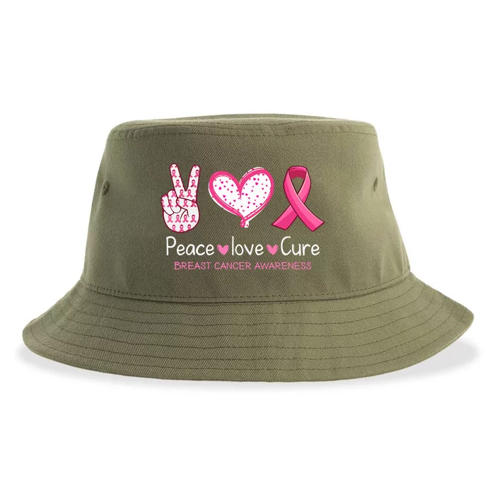 Peace Love Cure Pink Ribbon Breast Cancer Awareness Gift Sustainable Bucket Hat