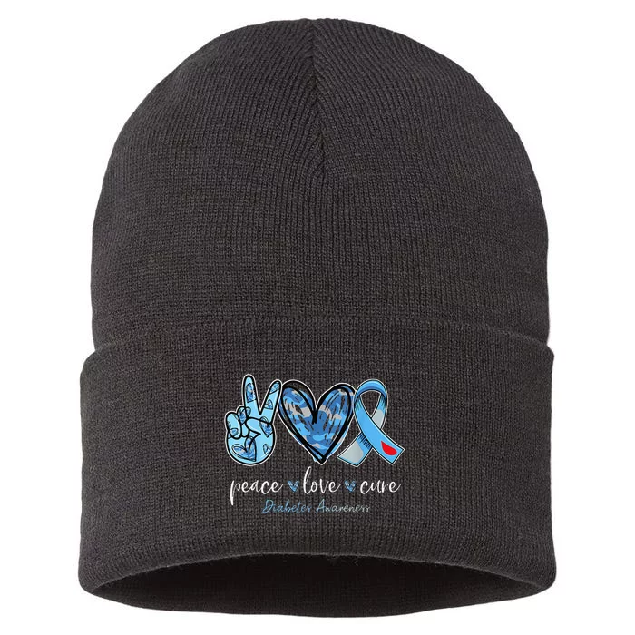 Peace Love Cure Grey Blue Ribbon Diabetes Awareness Sustainable Knit Beanie