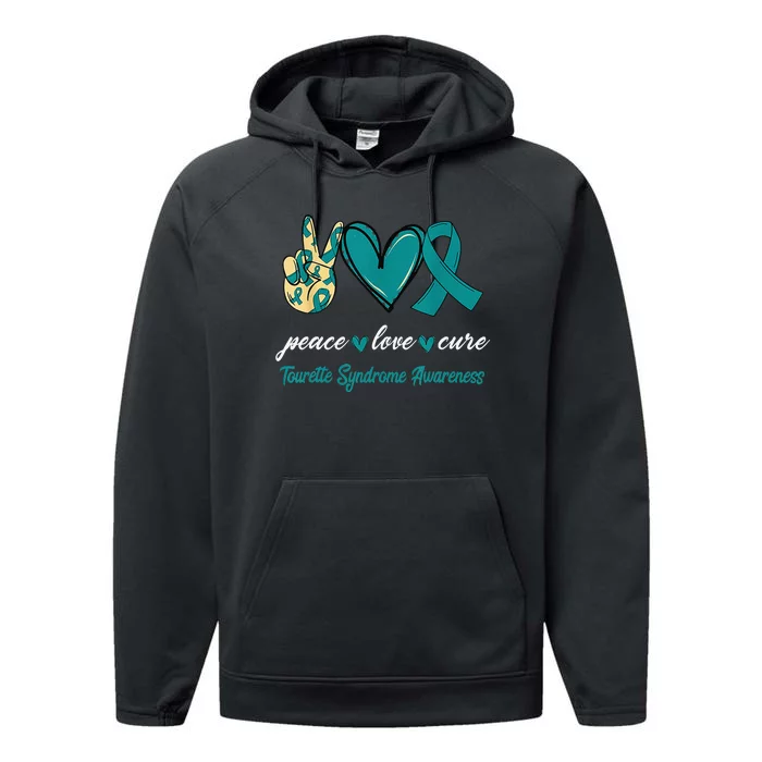 Peace Love Cure Tourette Syndrome Teal Ribbon Awareness Performance Fleece Hoodie