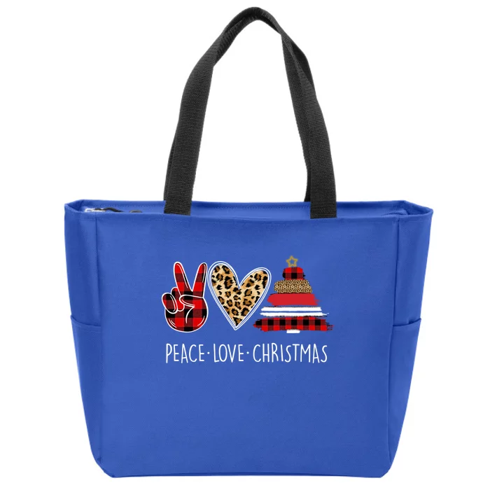 Peace Love Christmas Leopard Buffalo Red Plaid Xmas Funny Gift Zip Tote Bag