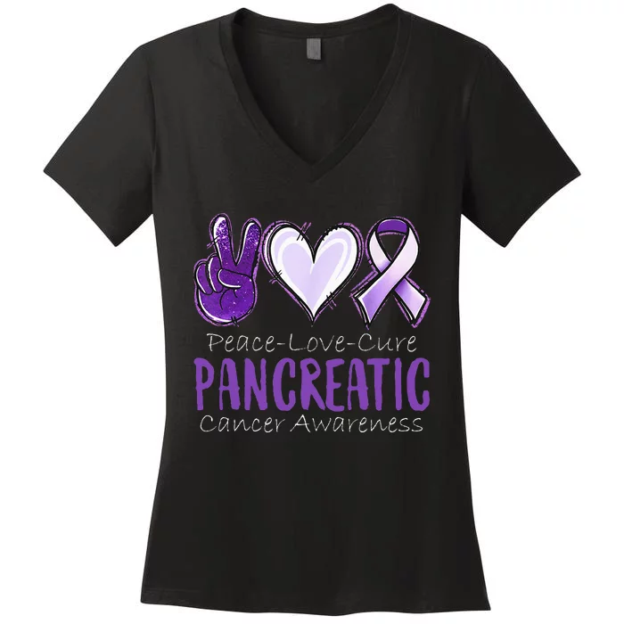 Peace Love Cure Pancreatic Cancer Awareness Women's V-Neck T-Shirt