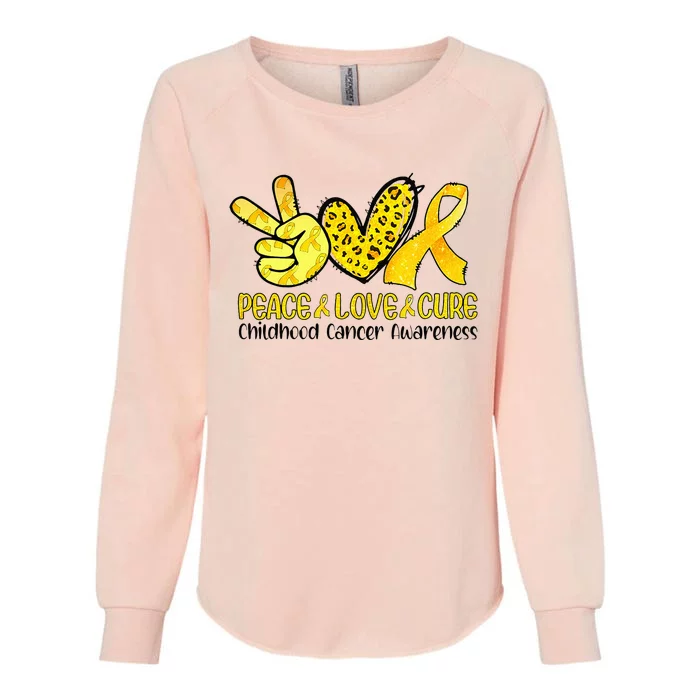 Peace Love Cure Golden Ribbon Childhood Cancer Awareness Womens California Wash Sweatshirt