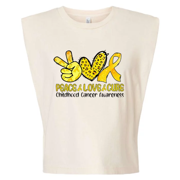 Peace Love Cure Golden Ribbon Childhood Cancer Awareness Garment-Dyed Women's Muscle Tee