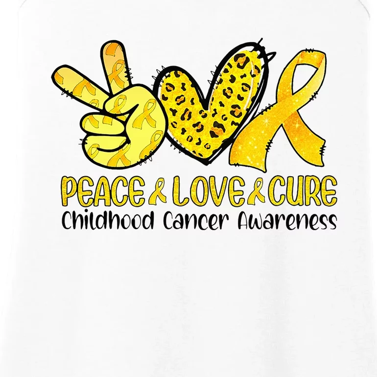 Peace Love Cure Golden Ribbon Childhood Cancer Awareness Ladies Essential Tank