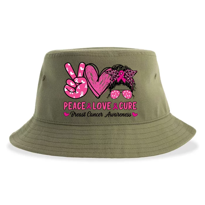 Peace Love Cure Pink Leopard Messy Bun Breast Cancer Meaningful Gift Sustainable Bucket Hat