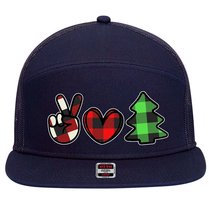 Peace Love Christmas Plaid Holiday 7 Panel Mesh Trucker Snapback Hat