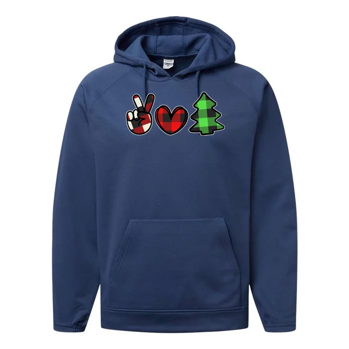 Peace Love Christmas Plaid Holiday Performance Fleece Hoodie