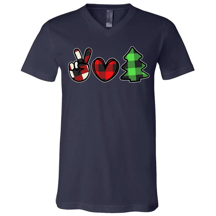 Peace Love Christmas Plaid Holiday V-Neck T-Shirt