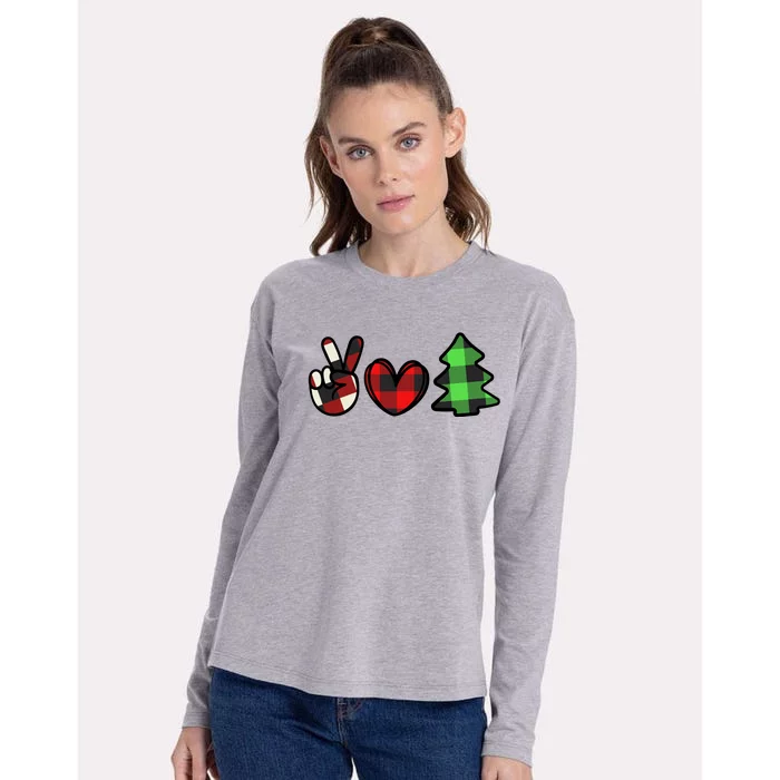 Peace Love Christmas Plaid Holiday Womens Cotton Relaxed Long Sleeve T-Shirt