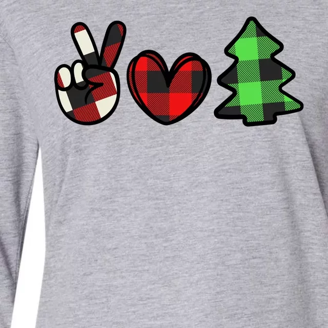 Peace Love Christmas Plaid Holiday Womens Cotton Relaxed Long Sleeve T-Shirt