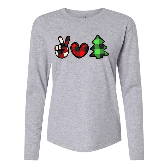 Peace Love Christmas Plaid Holiday Womens Cotton Relaxed Long Sleeve T-Shirt