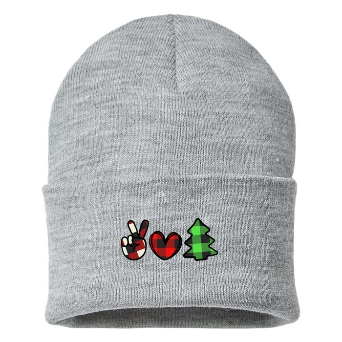 Peace Love Christmas Plaid Holiday Sustainable Knit Beanie