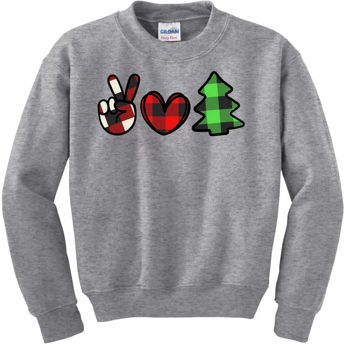 Peace Love Christmas Plaid Holiday Kids Sweatshirt