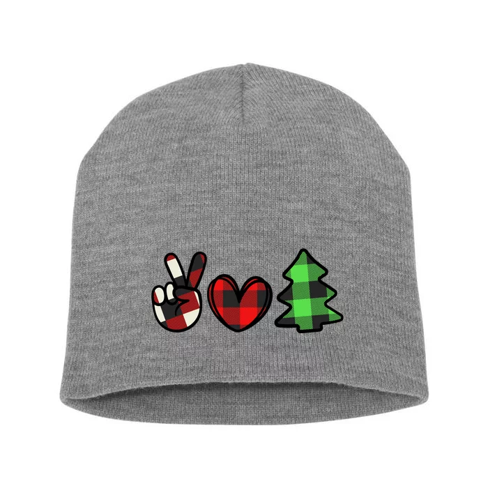 Peace Love Christmas Plaid Holiday Short Acrylic Beanie