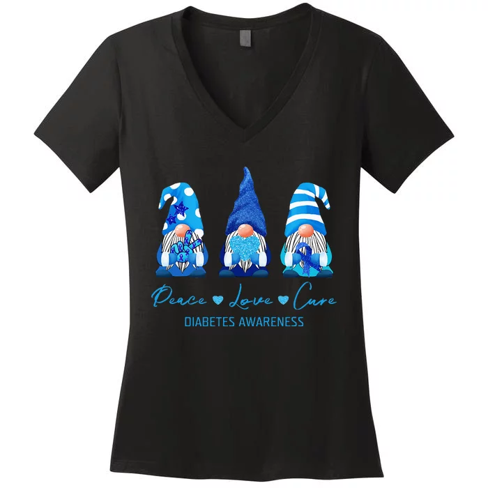 Peace Love Cure Gnome Diabetes Awareness Survivors Gifts Women's V-Neck T-Shirt