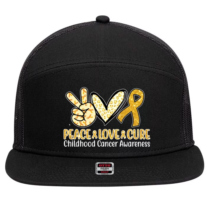 Peace Love Cure Childhood Cancer Awareness 7 Panel Mesh Trucker Snapback Hat