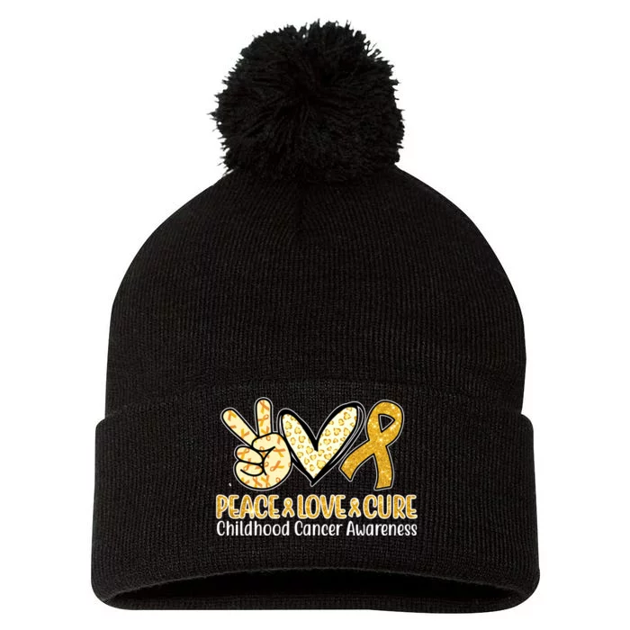 Peace Love Cure Childhood Cancer Awareness Pom Pom 12in Knit Beanie