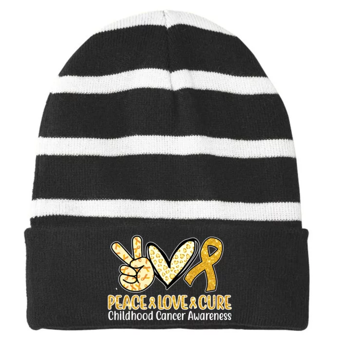 Peace Love Cure Childhood Cancer Awareness Striped Beanie with Solid Band