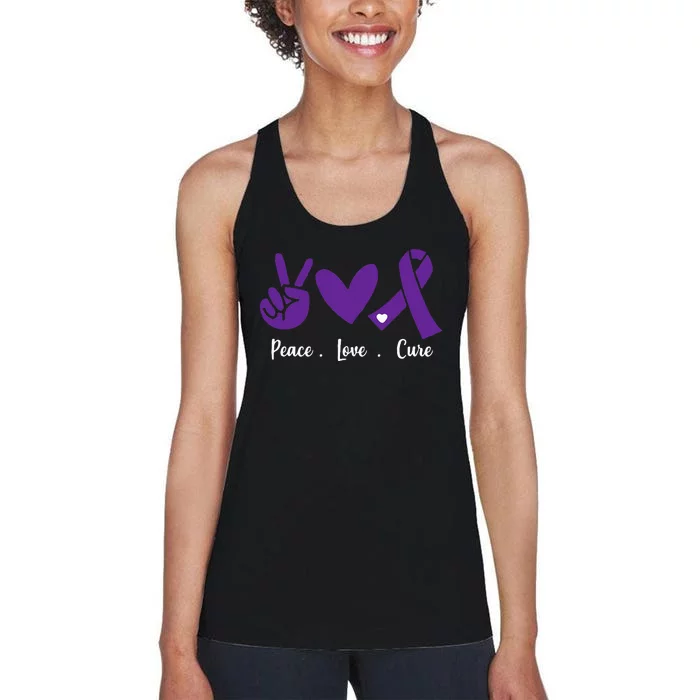 Peace Love Cure Pancreatic Cancer Awareness Purple Ribbon Women's Racerback Tank