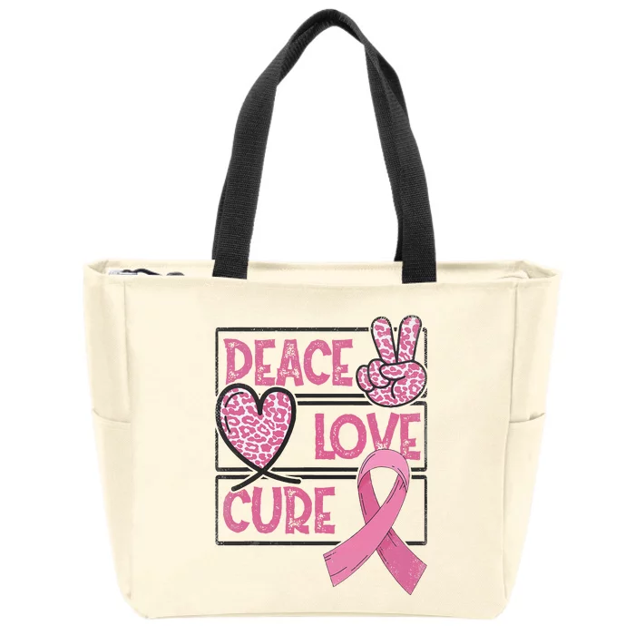 Peace Love Cure Breast Cancer Awareness Warrior Pink Ribbon Zip Tote Bag