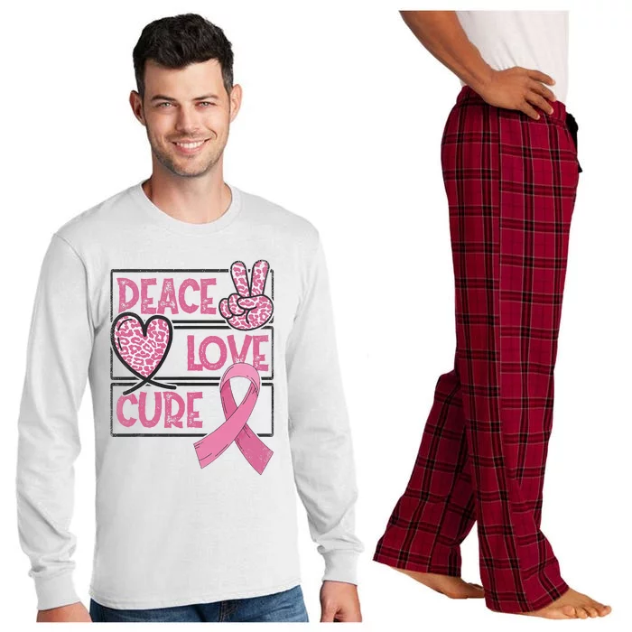 Peace Love Cure Breast Cancer Awareness Warrior Pink Ribbon Long Sleeve Pajama Set