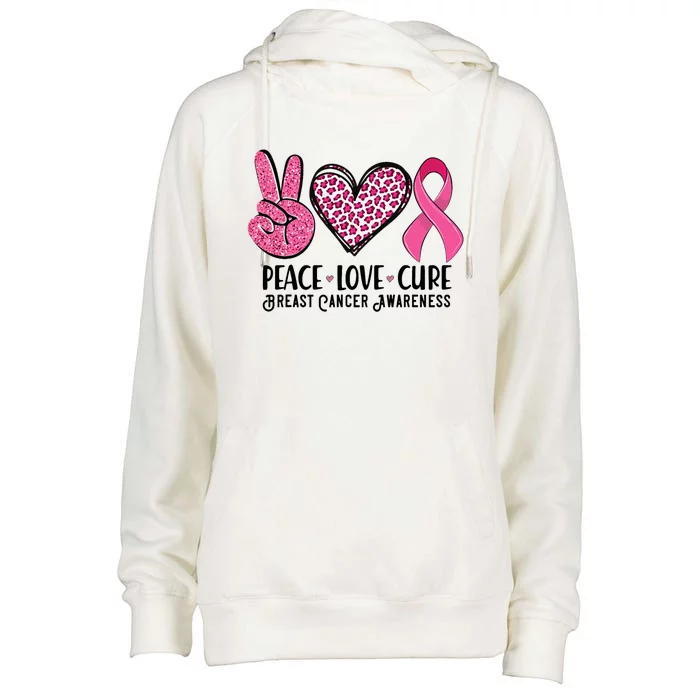 Peace Love Cure Breast Cancer Awareness Warrior Pink Ribbon Womens Funnel Neck Pullover Hood