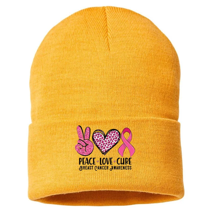 Peace Love Cure Breast Cancer Awareness Warrior Pink Ribbon Sustainable Knit Beanie