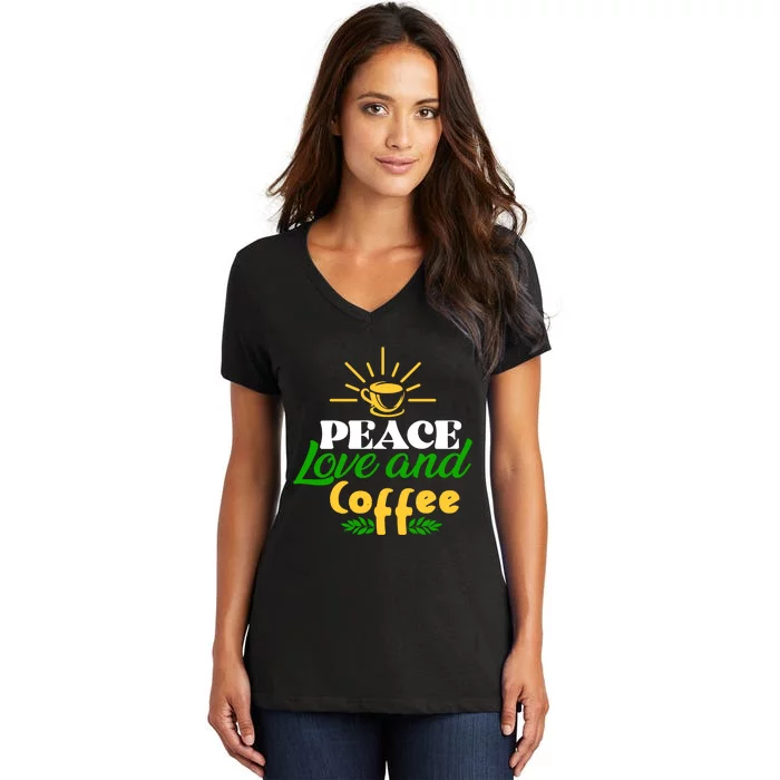 Peace Love & Coffee Motif Women's V-Neck T-Shirt