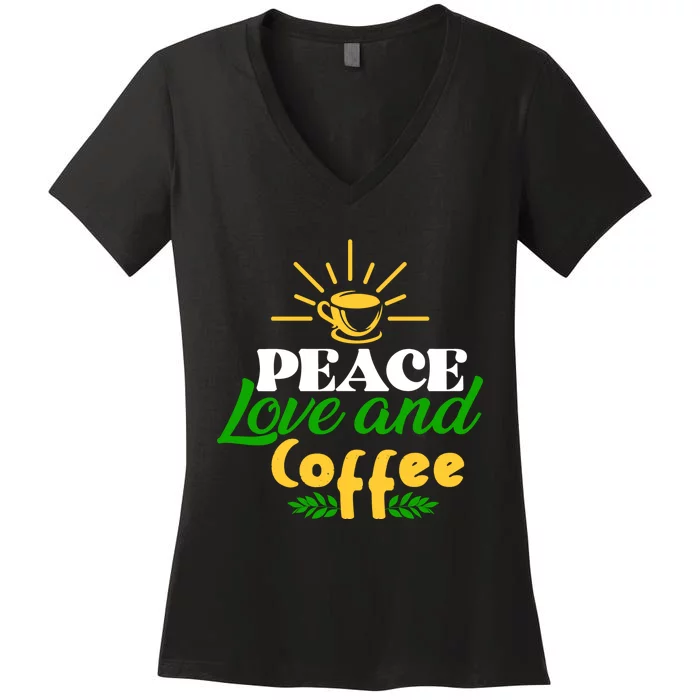 Peace Love & Coffee Motif Women's V-Neck T-Shirt