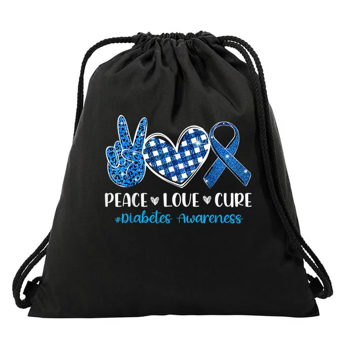 Peace Love Cure Grey Blue Ribbon Diabetes Awareness Drawstring Bag