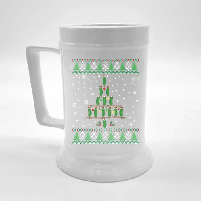 Pickle Lover Christmas Tree Santa Hat Ugly Xmas Sweater Funny Gift Front & Back Beer Stein