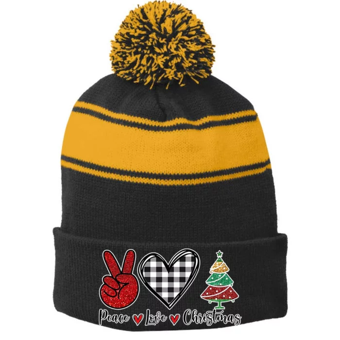 Peace Love Christmas Stripe Pom Pom Beanie