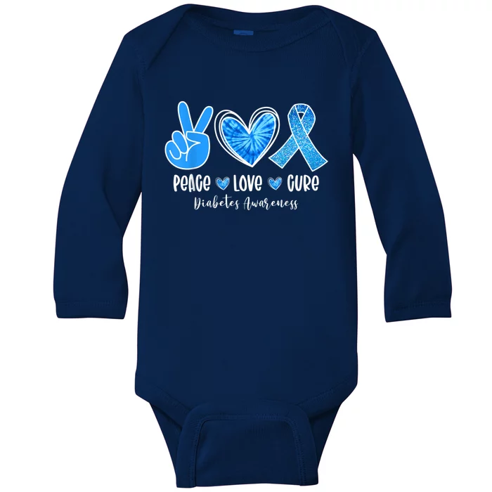 Peace Love Cure Type 1 Diabetes Awareness T1D Blue Ribbon Baby Long Sleeve Bodysuit