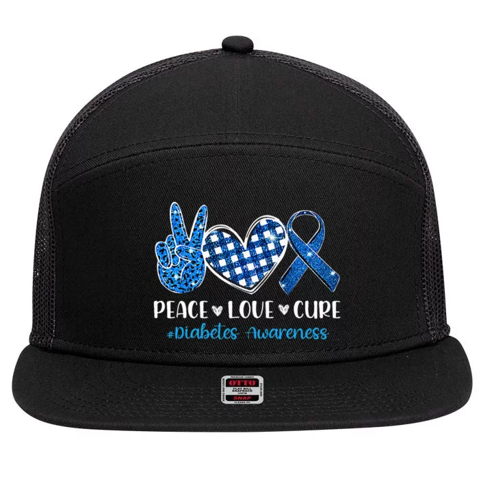 Peace Love Cure Grey Blue Ribbon Diabetes Awareness 7 Panel Mesh Trucker Snapback Hat