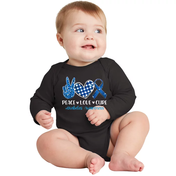 Peace Love Cure Grey Blue Ribbon Diabetes Awareness Baby Long Sleeve Bodysuit