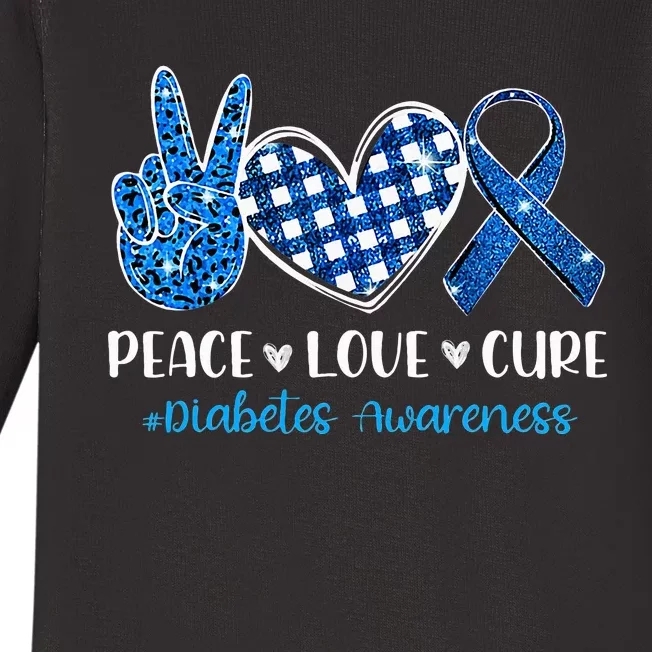 Peace Love Cure Grey Blue Ribbon Diabetes Awareness Baby Long Sleeve Bodysuit