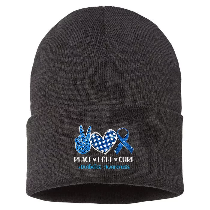 Peace Love Cure Grey Blue Ribbon Diabetes Awareness Sustainable Knit Beanie