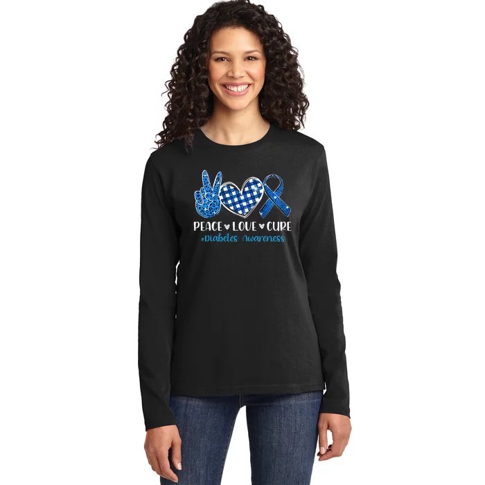 Peace Love Cure Grey Blue Ribbon Diabetes Awareness Ladies Long Sleeve Shirt