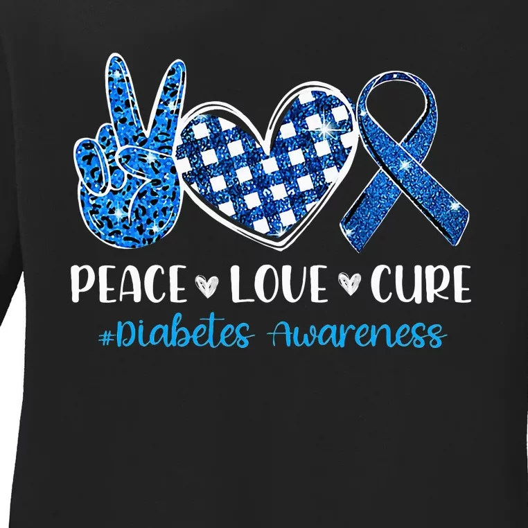 Peace Love Cure Grey Blue Ribbon Diabetes Awareness Ladies Long Sleeve Shirt