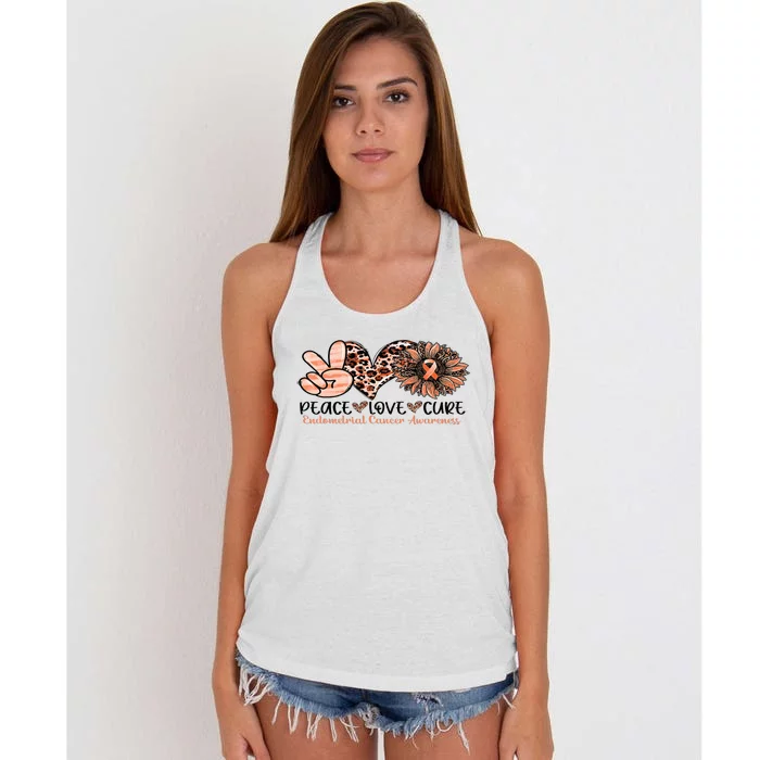 Peace Love Cure Sunflower Peach Ribbon Endometrial Cancer Women's Knotted Racerback Tank