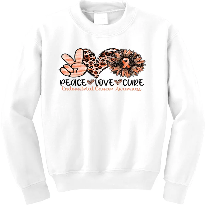 Peace Love Cure Sunflower Peach Ribbon Endometrial Cancer Kids Sweatshirt