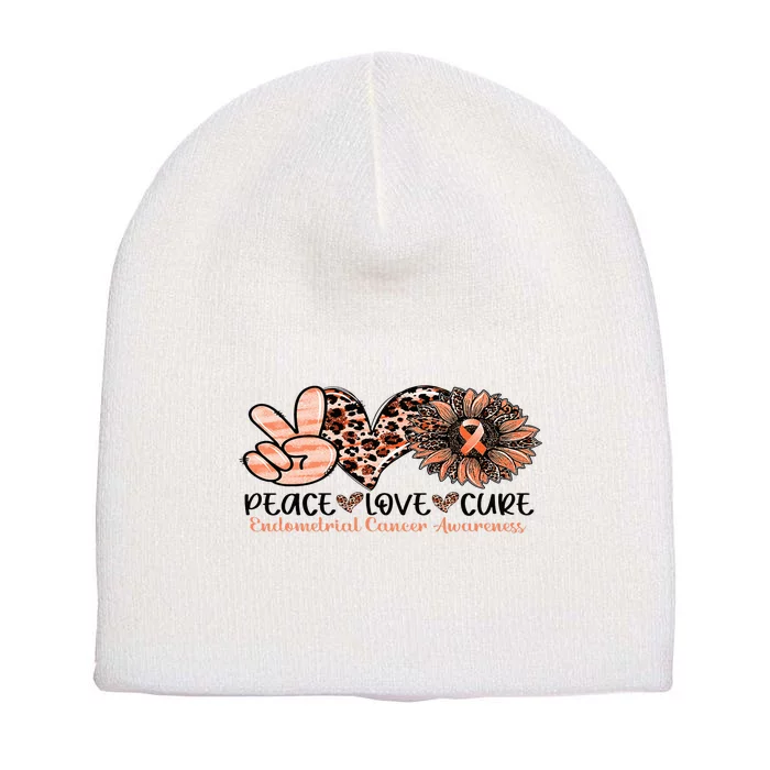 Peace Love Cure Sunflower Peach Ribbon Endometrial Cancer Short Acrylic Beanie