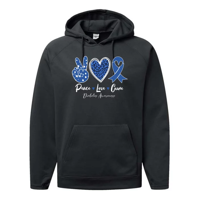 Peace Love Cure Diabetes Awareness Diabetic Blue Ribbon Performance Fleece Hoodie