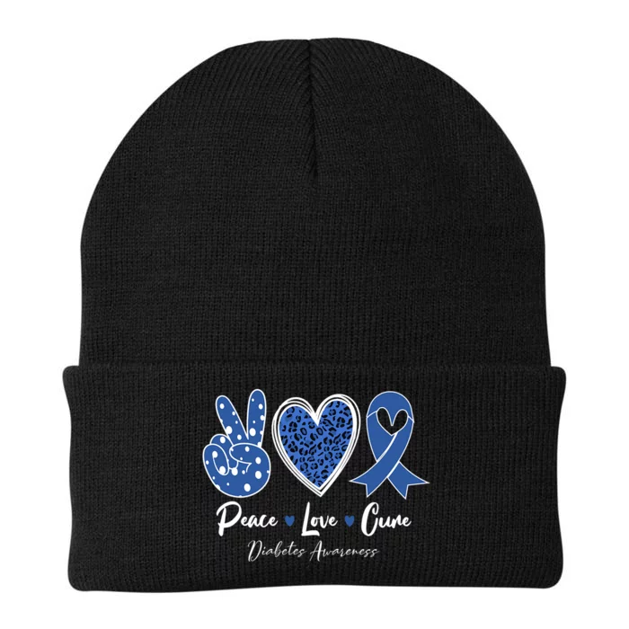 Peace Love Cure Diabetes Awareness Diabetic Blue Ribbon Knit Cap Winter Beanie